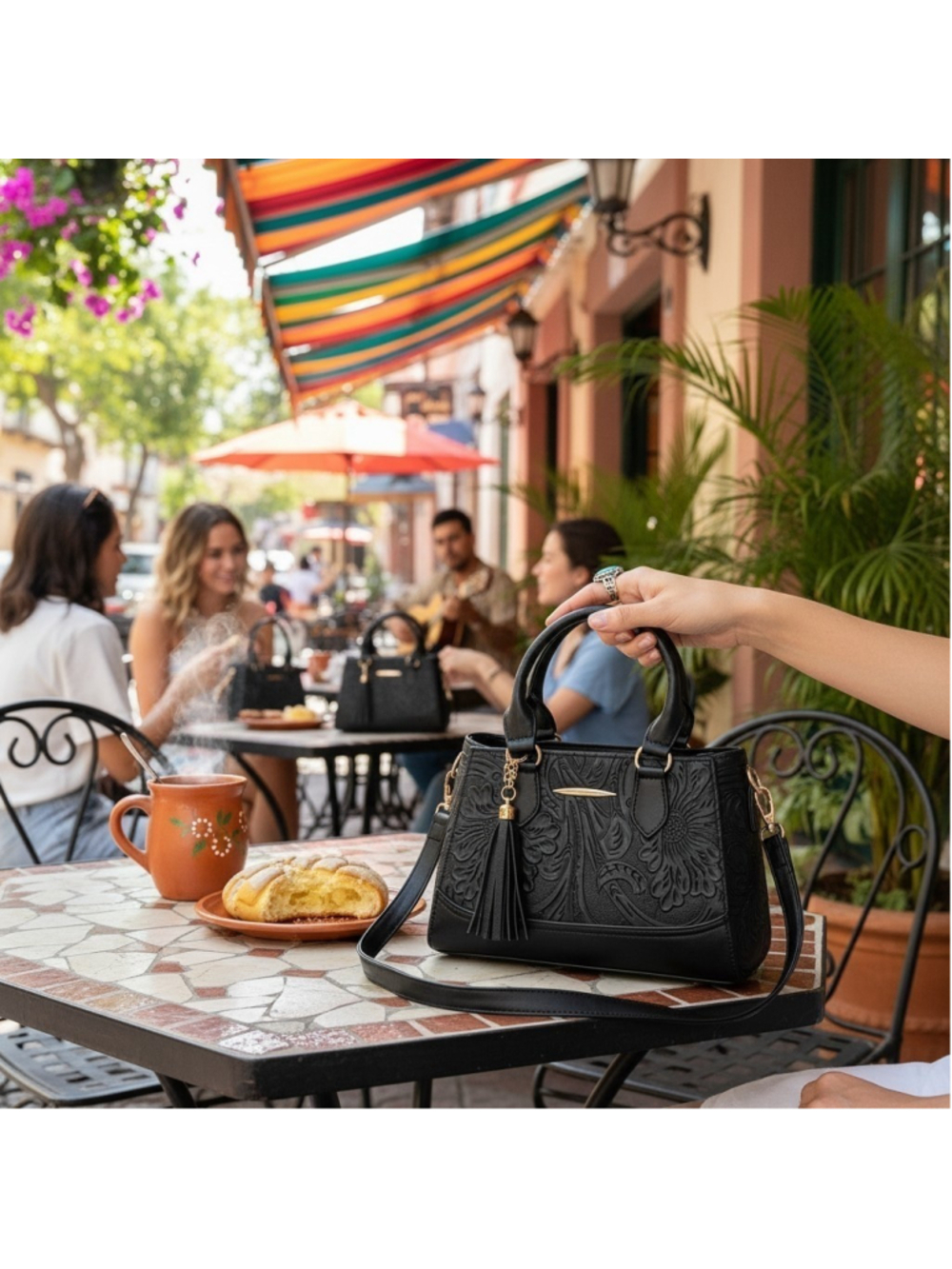 Black Tasseled Floral Embossed Tooled Artisan LEATHER Crossbody bag Purse